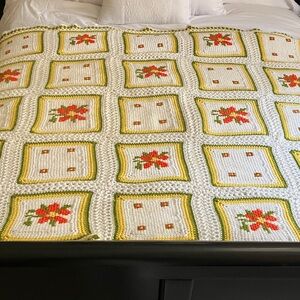 Handmade Holiday Crochet Blanket - White, Green, Red